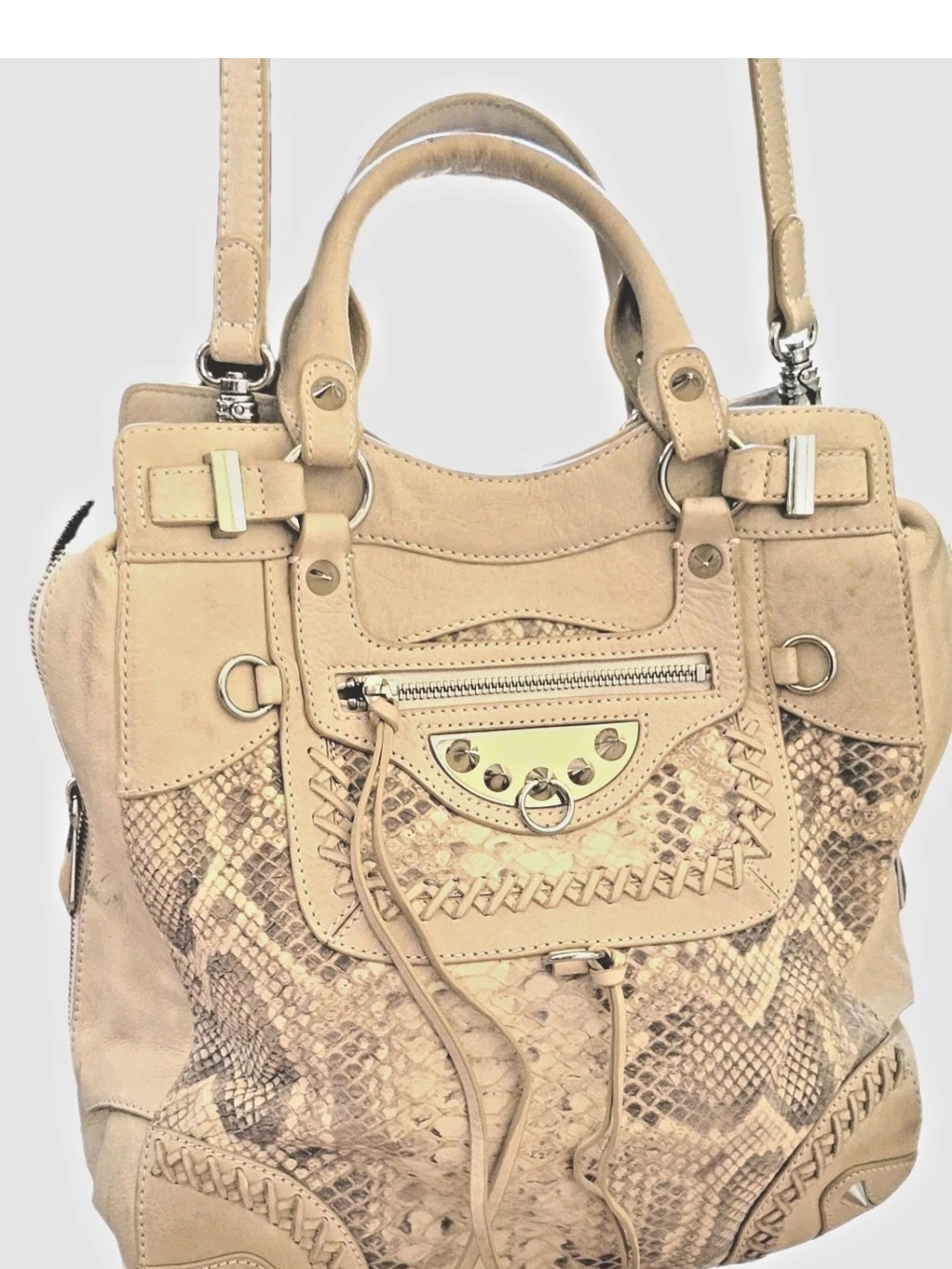 Beige Women's Snake-Texture Top-Handle Large Shoulder Leather Bag W/Spikes